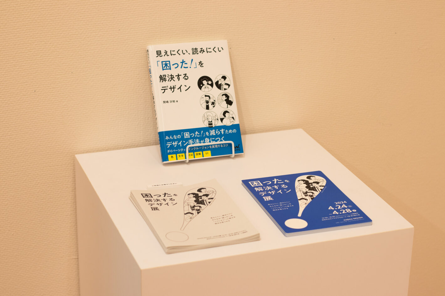 写真：書籍『見えにくい、読みにくい「困った！」を解決するデザイン』と、同じサイズのブルーのDM、モノクロのリーフレット。