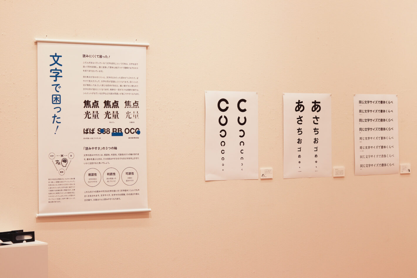 写真：「文字で困った！」というタペストリーや、視力検査のランドルド環のようなポスターが壁に展示されています